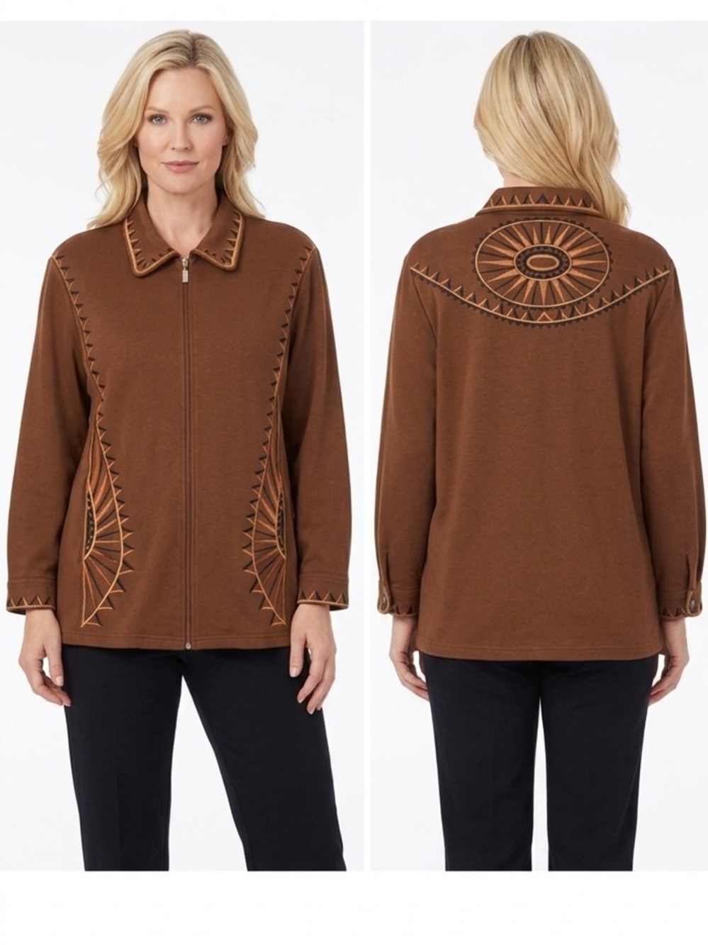 Bob Mackie Jacket 1X Brown Southwest Sunburst Embroidered Zip Front Western Art